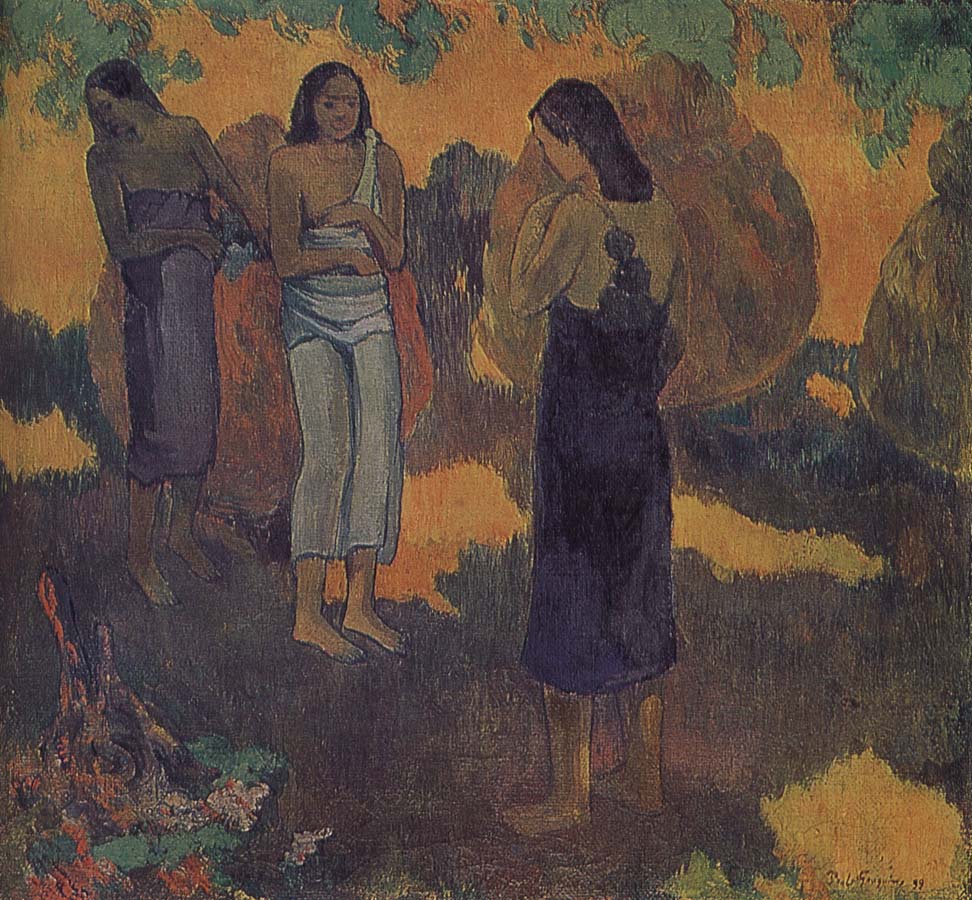 Yellow background, three women